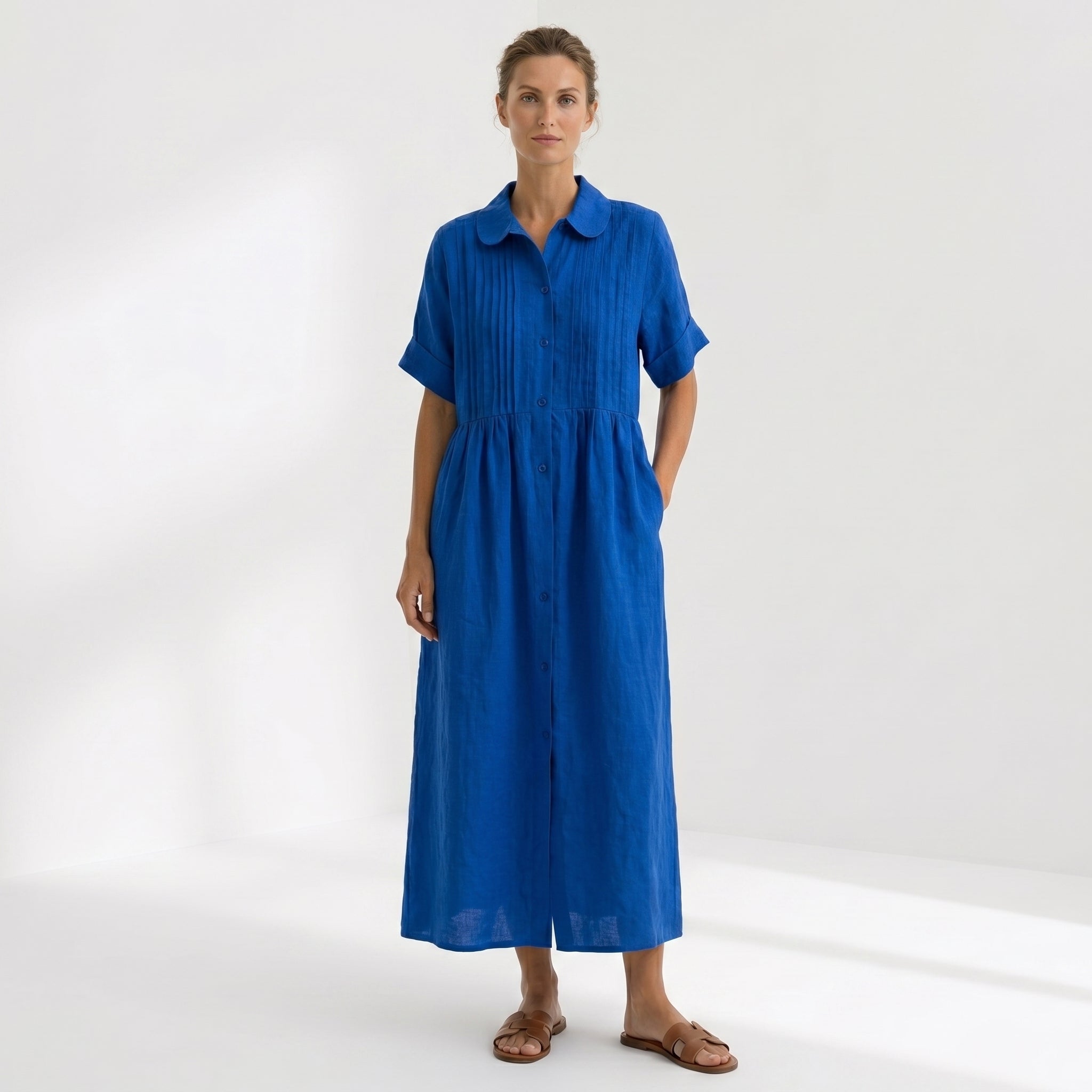 Helena - Vestido Linho Pregas e Botões