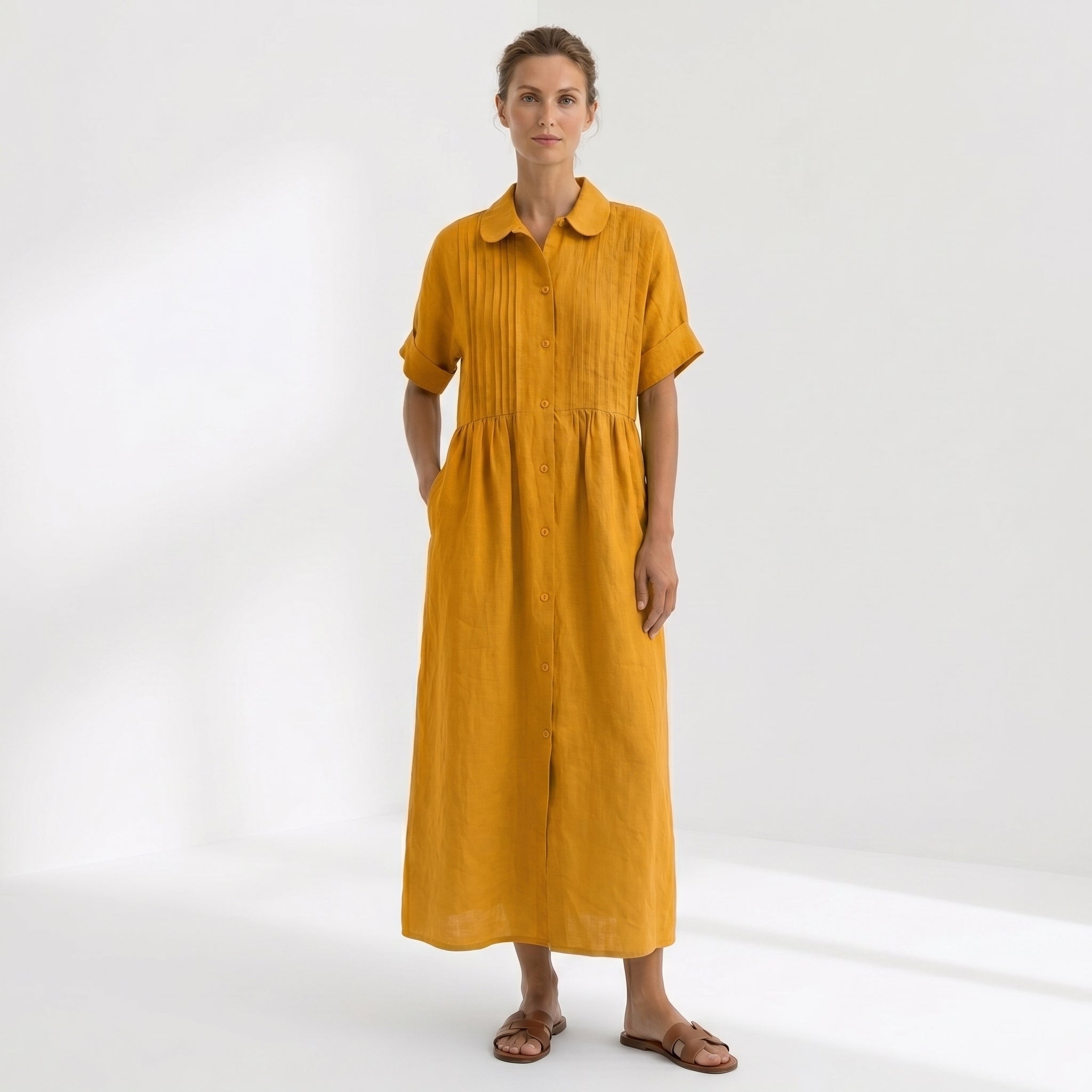 Helena - Vestido Linho Pregas e Botões
